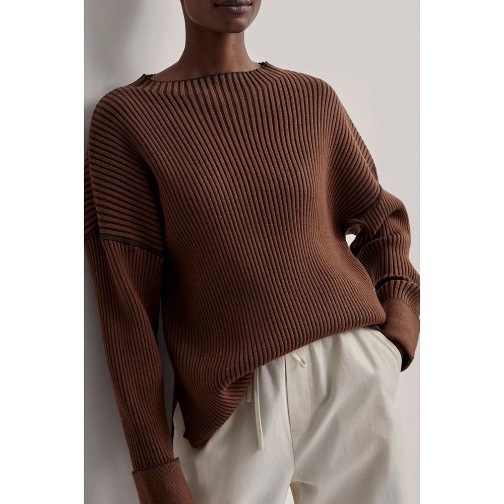 $140 Varley Emile Rib Knit Sweater Womens XS Brown Excellent Drop Shoulder Mock